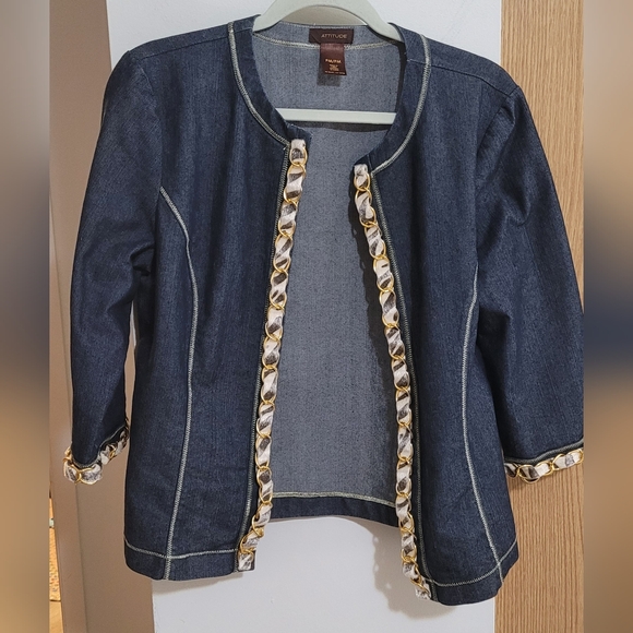 Attitude Jackets & Blazers - 💝2/$10💝Dark Blue Denim Jacket with Gold-Trim Detail